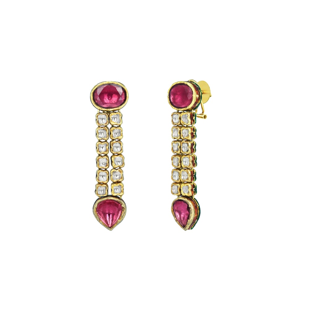 Polki Diamond Necklace Set with Deep Pink Gemstones and Drop